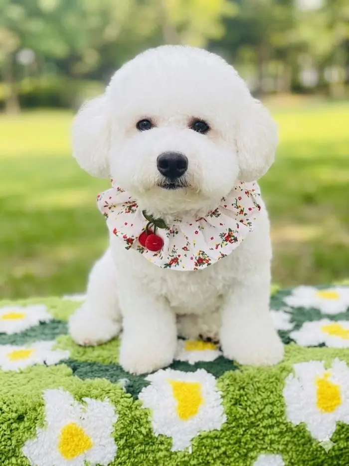 A freshly groomed white dog photographed after its groom at Doggy and Me Grooming